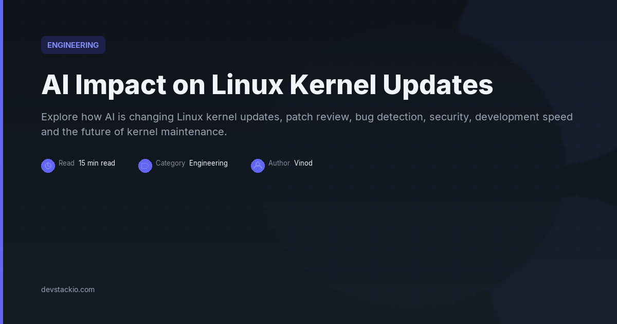 Dark title card with an indigo accent bar reading AI Impact on Linux Kernel Updates