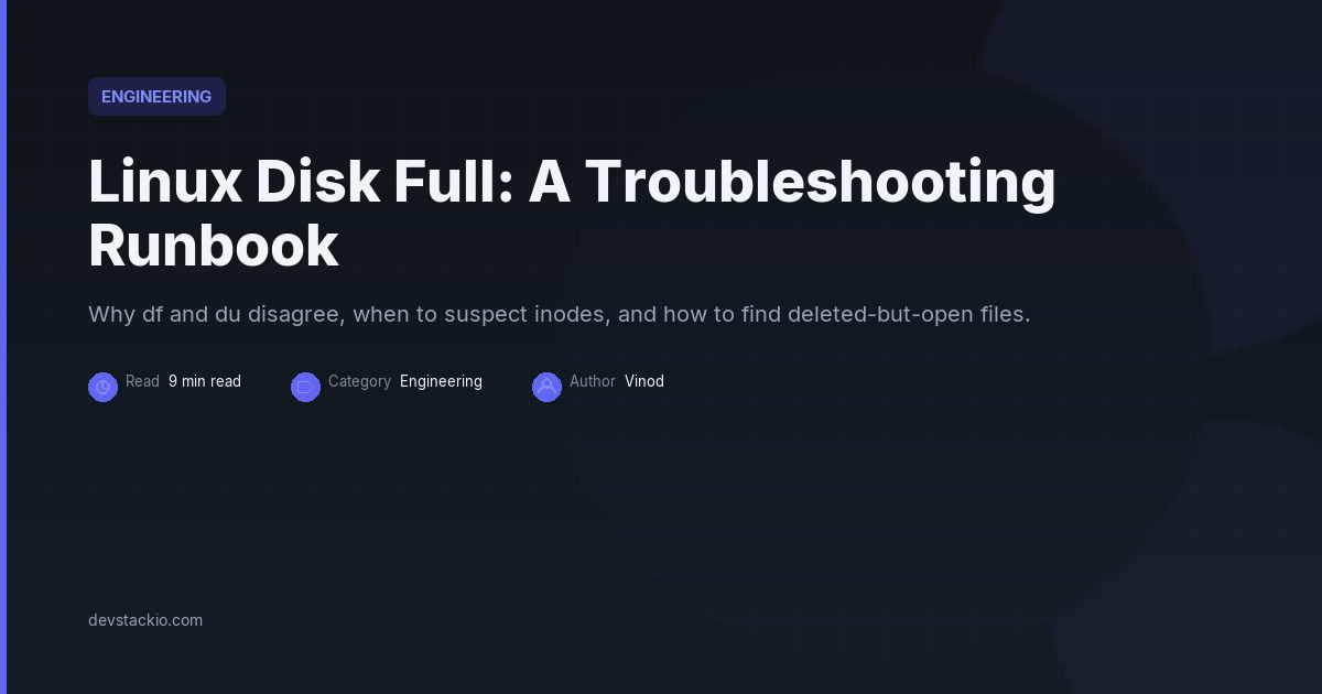 Dark title card with an indigo accent bar reading Linux Disk Full: A Troubleshooting Runbook
