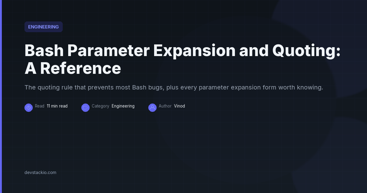 Dark title card with an indigo accent bar reading Bash Parameter Expansion and Quoting: A Reference