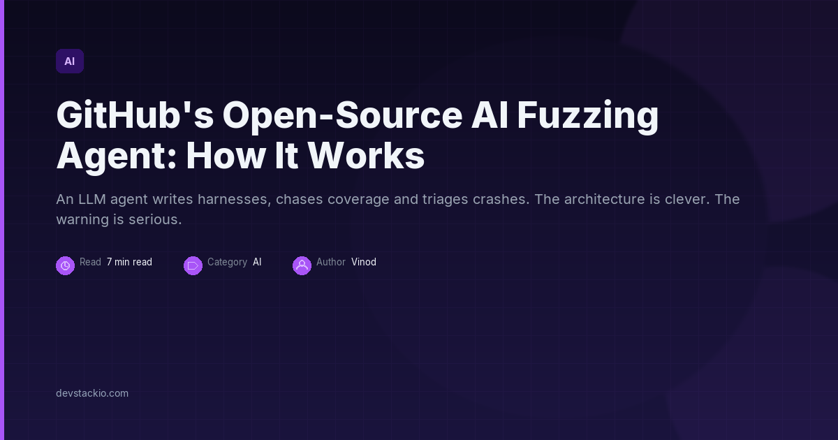 Dark title card with a purple accent bar reading GitHub's Open-Source AI Fuzzing Agent: How It Works