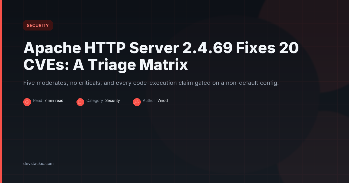 Dark title card with a red accent bar reading Apache HTTP Server 2.4.69 Fixes 20 CVEs: A Triage Matrix