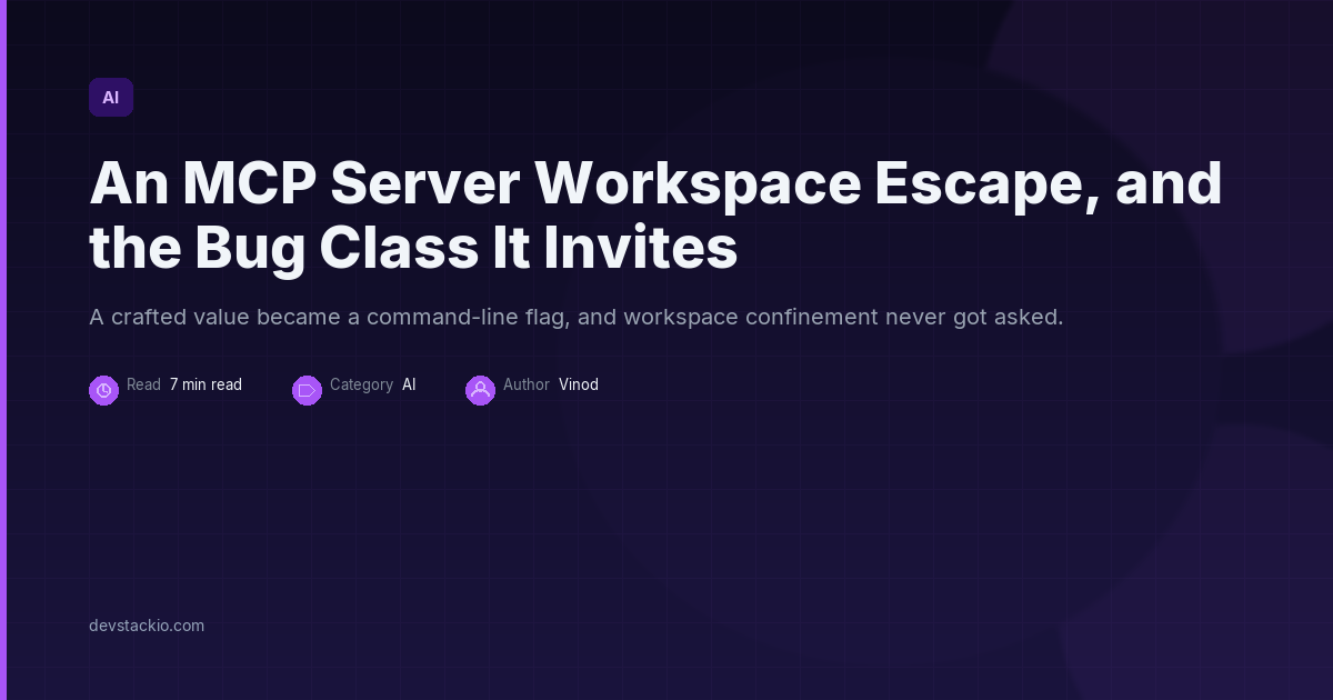 Dark title card with a purple accent bar reading An MCP Server Workspace Escape, and the Bug Class It Invites