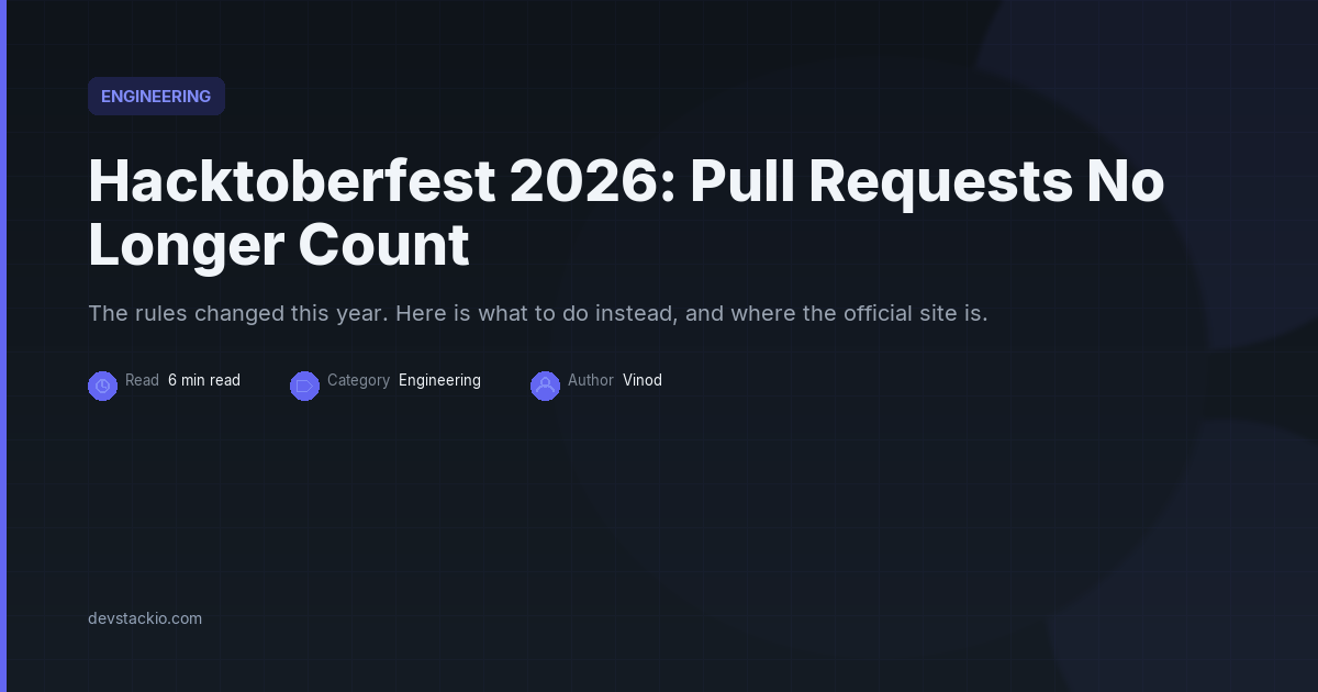 Dark title card with an indigo accent bar reading Hacktoberfest 2026: Pull Requests No Longer Count