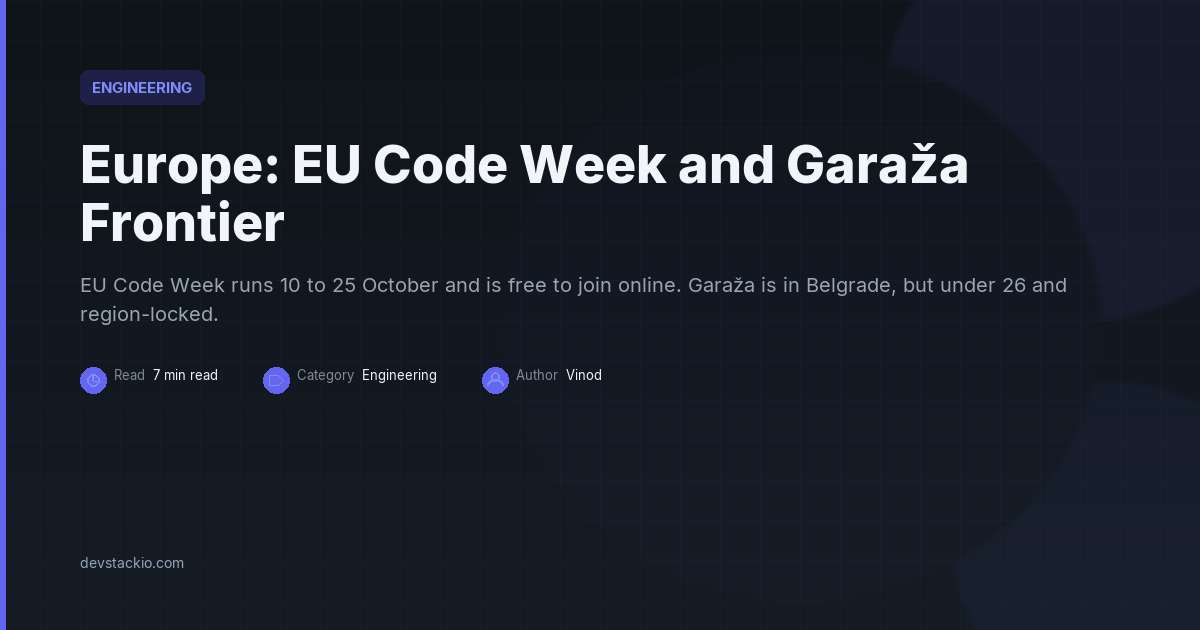 Dark title card with an indigo accent bar reading Europe: EU Code Week and Garaža Frontier