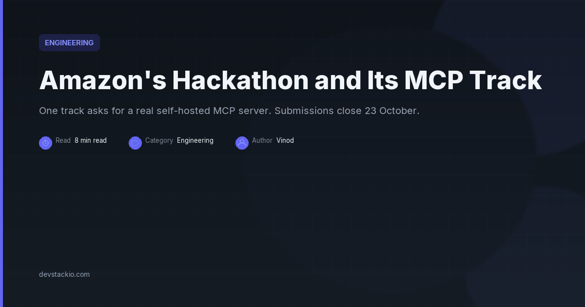Dark title card with an indigo accent bar reading Amazon's Hackathon and Its MCP Track